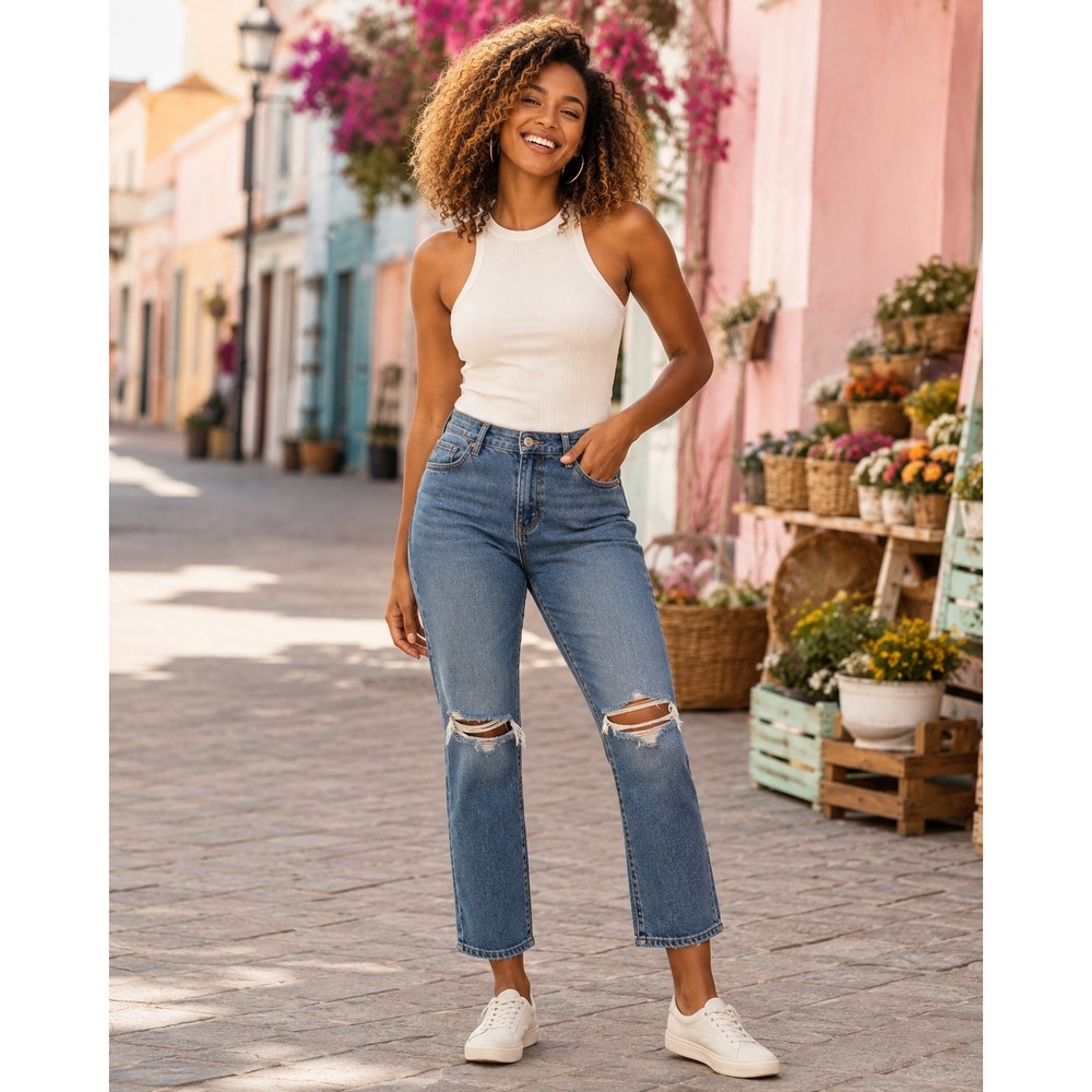Abercrombie & Fitch Jeans Women 28 6R Blue Curve Love Ankle Straight Ripped Knee